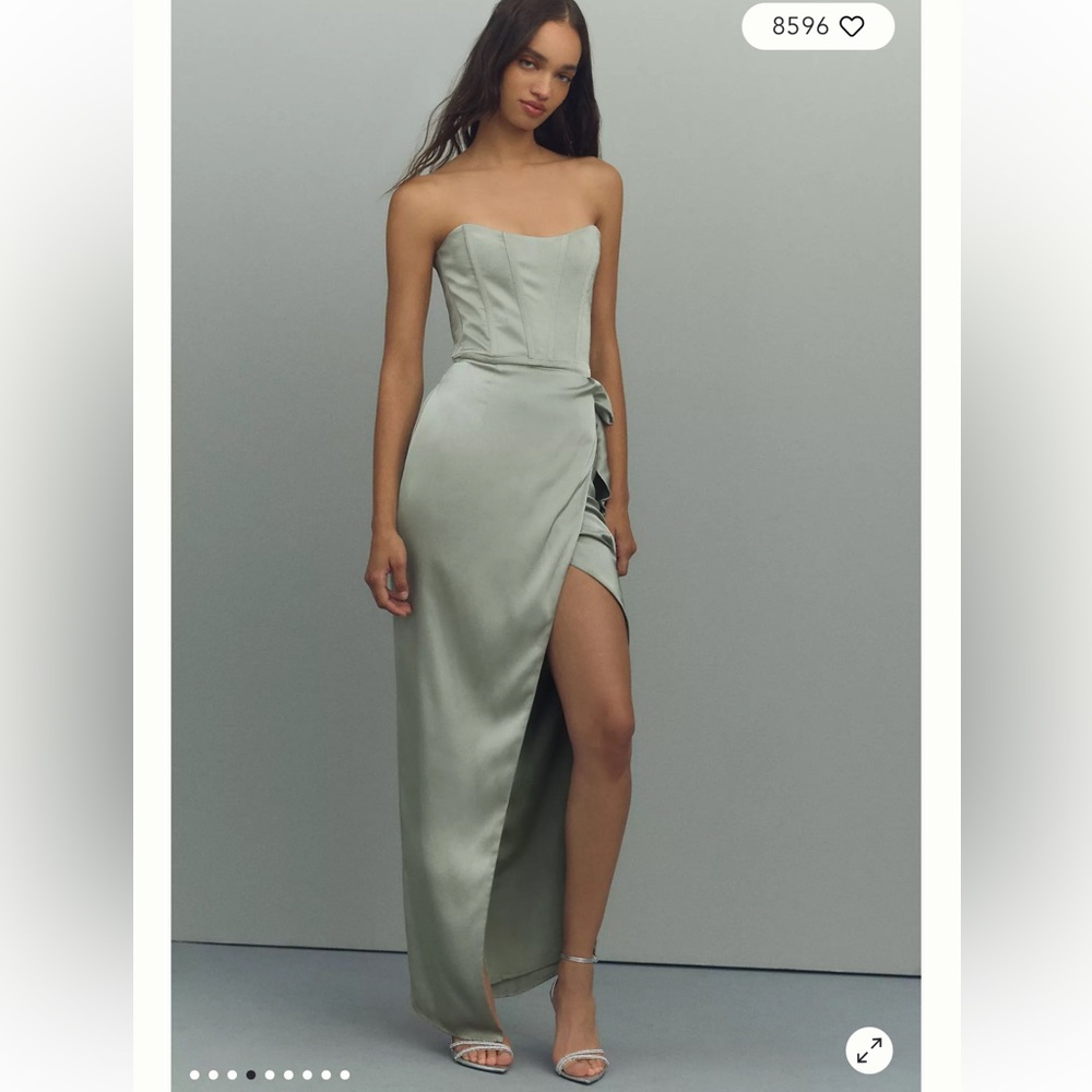 V. Chapman Strapless Sage Green Satin Midi Dress